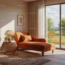 Cozy orange chaise lounge next to large window