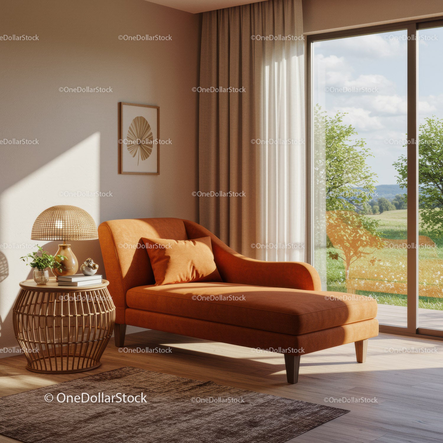 Cozy orange chaise lounge next to large window
