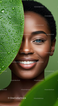 Portrait of a Smiling African Woman with Blue Eyes and Green Foliage