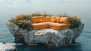Floating Rock with Orange Sofa over Sea Scenic Landscape