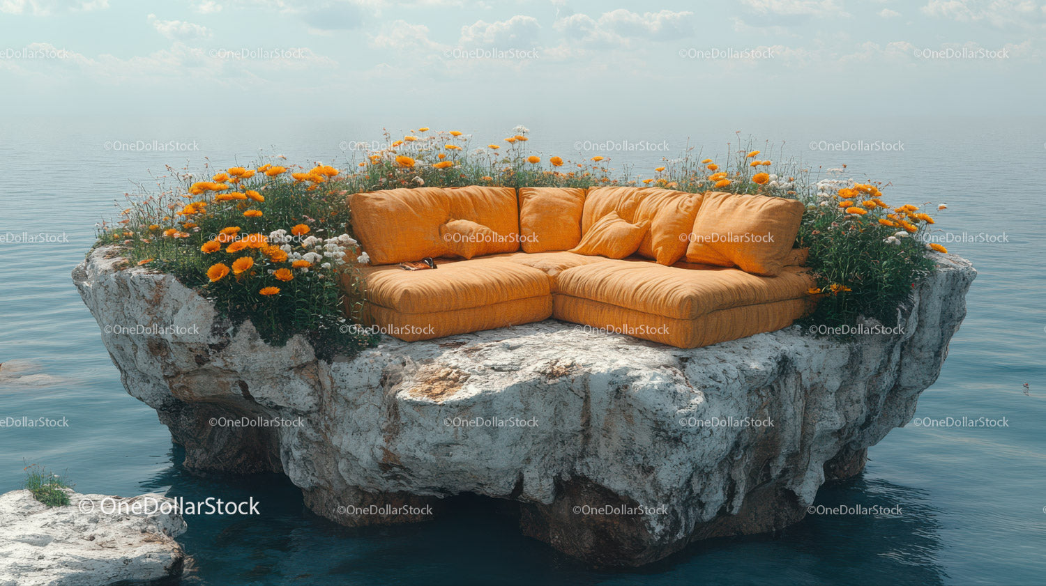 Floating Rock with Orange Sofa over Sea Scenic Landscape