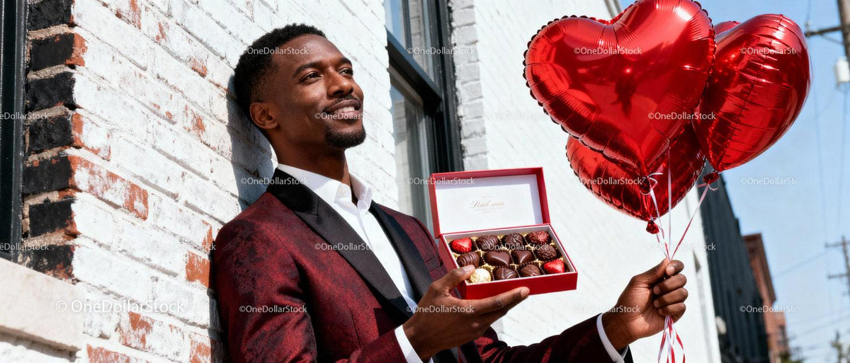 Man holding chocolates box and heart-shaped balloons outdoors