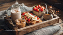 Wooden Tray with Fresh Fruits Peanut Butter Honey Milkshake and Slices