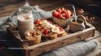 Wooden Tray with Fresh Fruits Peanut Butter Honey Milkshake and Slices