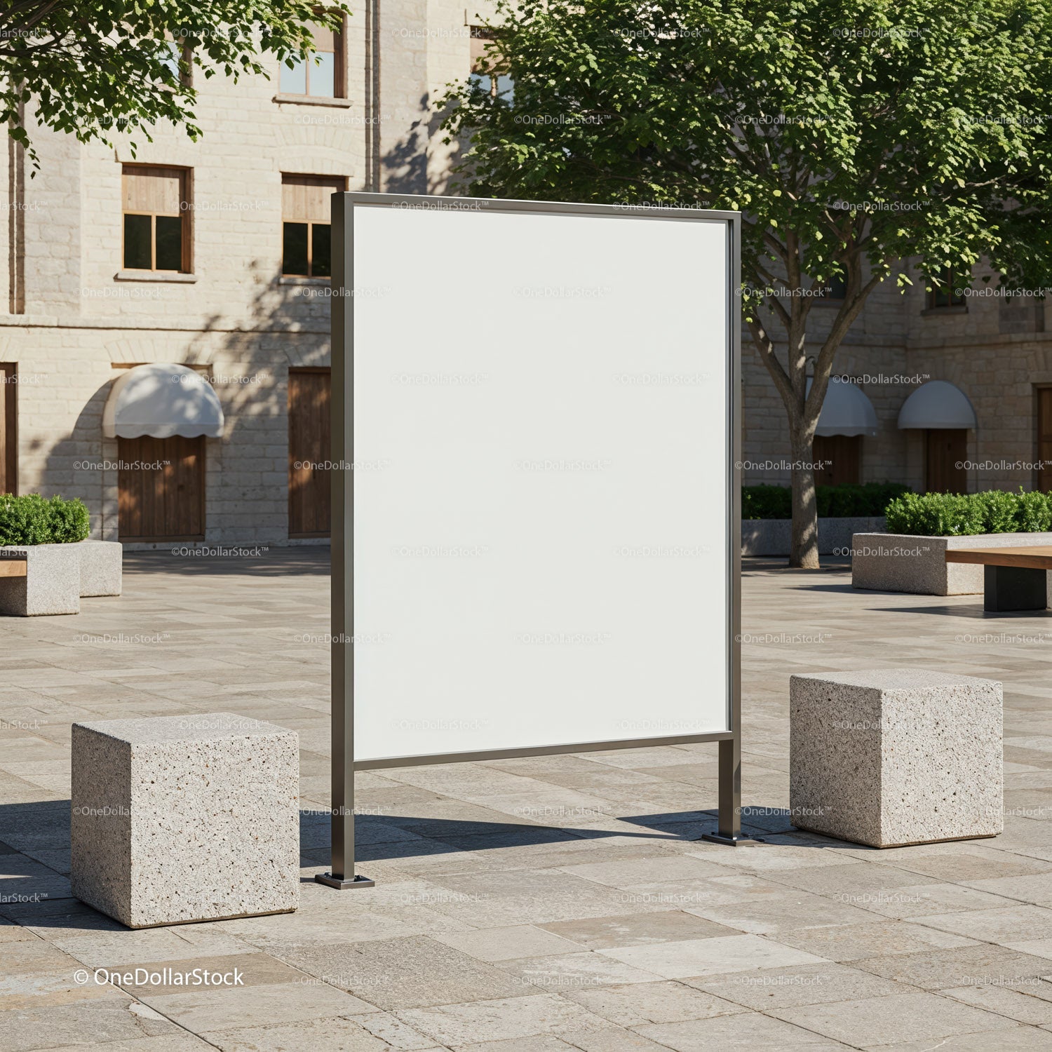 Blank outdoor billboard in quiet urban square