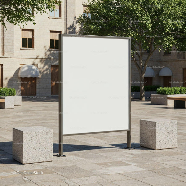 Blank outdoor billboard in quiet urban square JPG Mockup Image