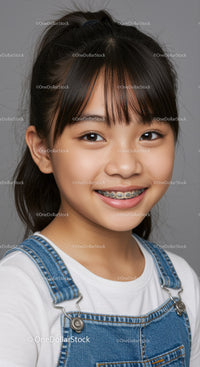 Young Girl with Braces Smiling Wearing Denim Overalls in Studio