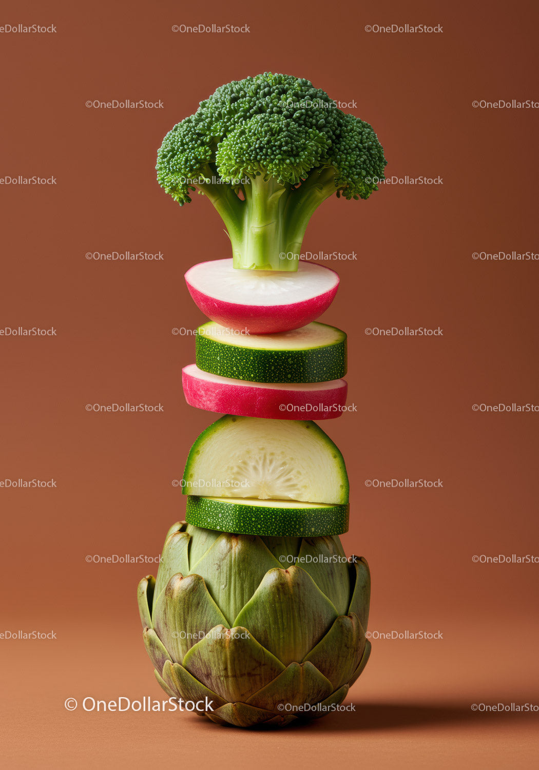 Stack of fresh sliced vegetables against brown background