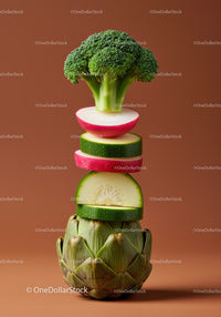 Stack of fresh sliced vegetables against brown background