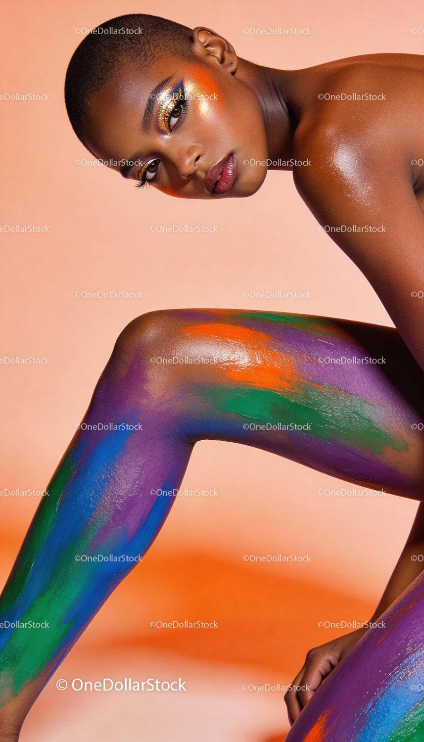 Profile of Woman With Colorful Body Paint and Artistic Makeup