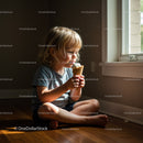 Toddler enjoying ice cream cone by sunlit window