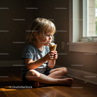 Toddler enjoying ice cream cone by sunlit window