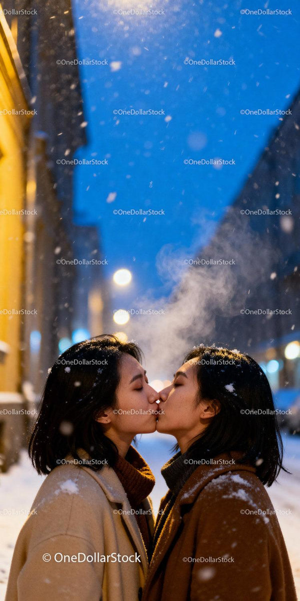 Couple sharing tender kiss on snowy winter evening
