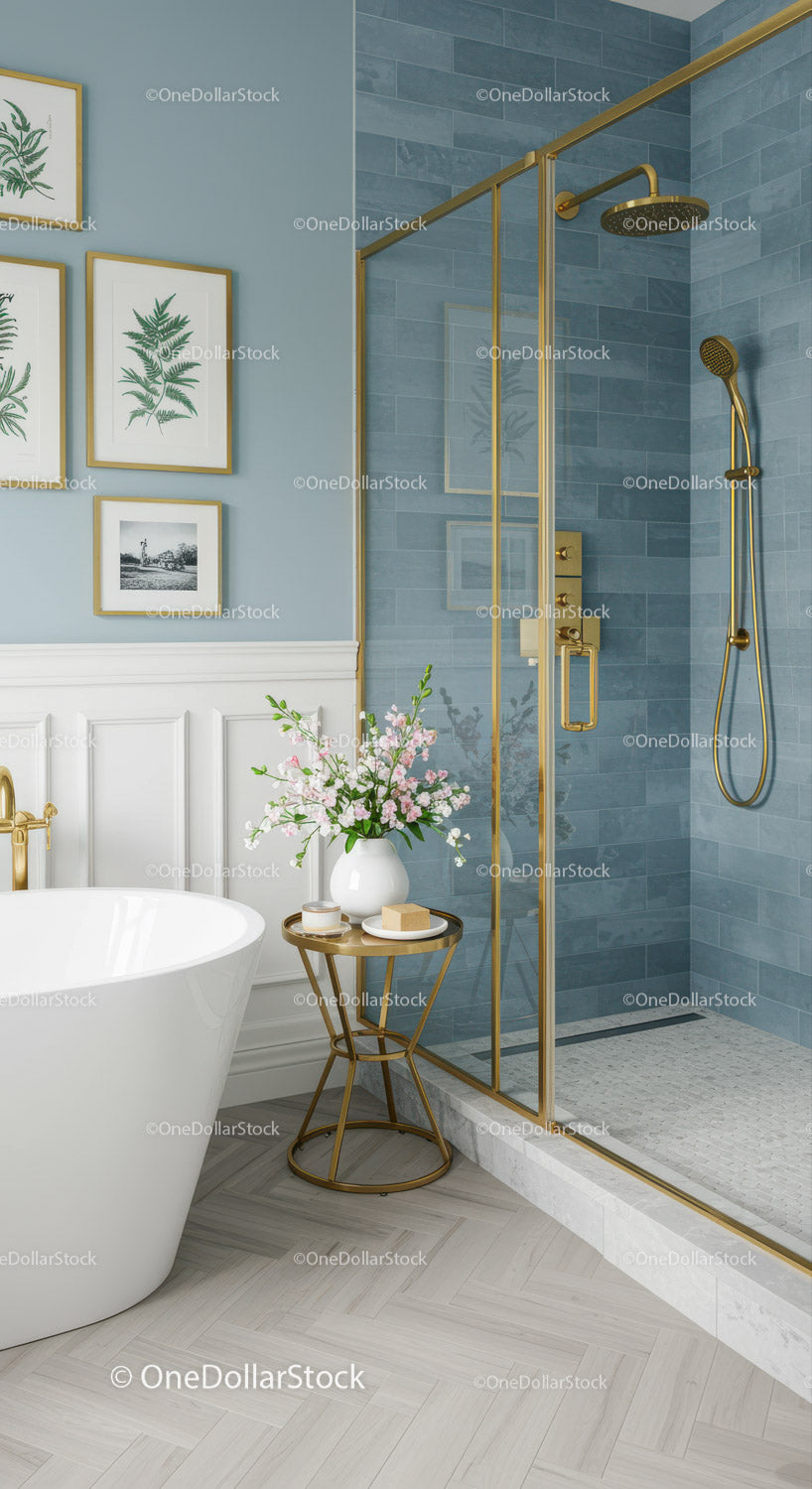 Modern bathroom with gold accents and floral decor