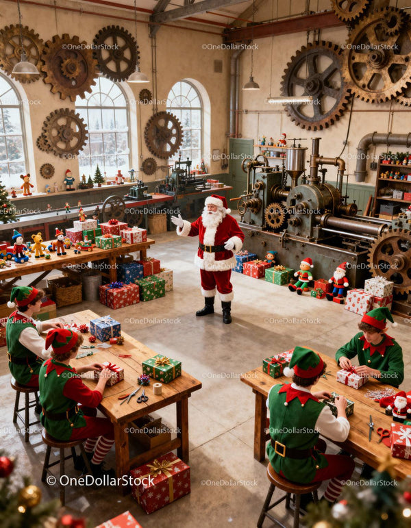 Santa and Elves Preparing Gifts in Vintage Workshop