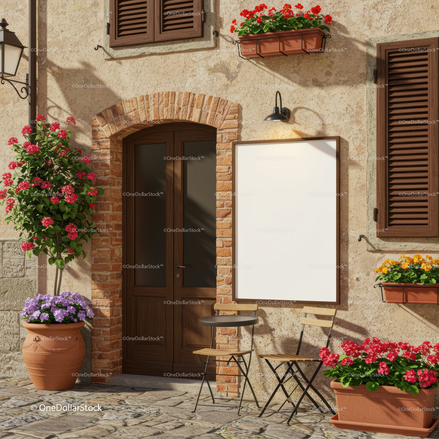 Cozy Mediterranean outdoor cafe entrance with flowers