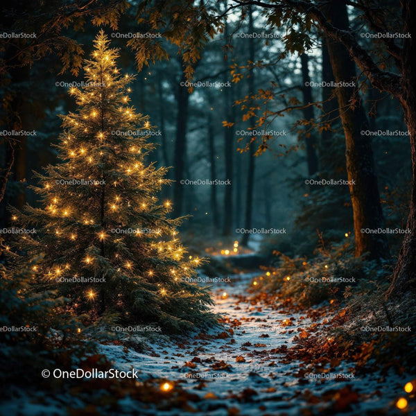 Glowing Christmas Tree Illuminates Forest Path at Dusk