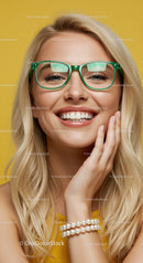 Smiling Blonde Woman Wearing Green Glasses and Pearl Bracelet