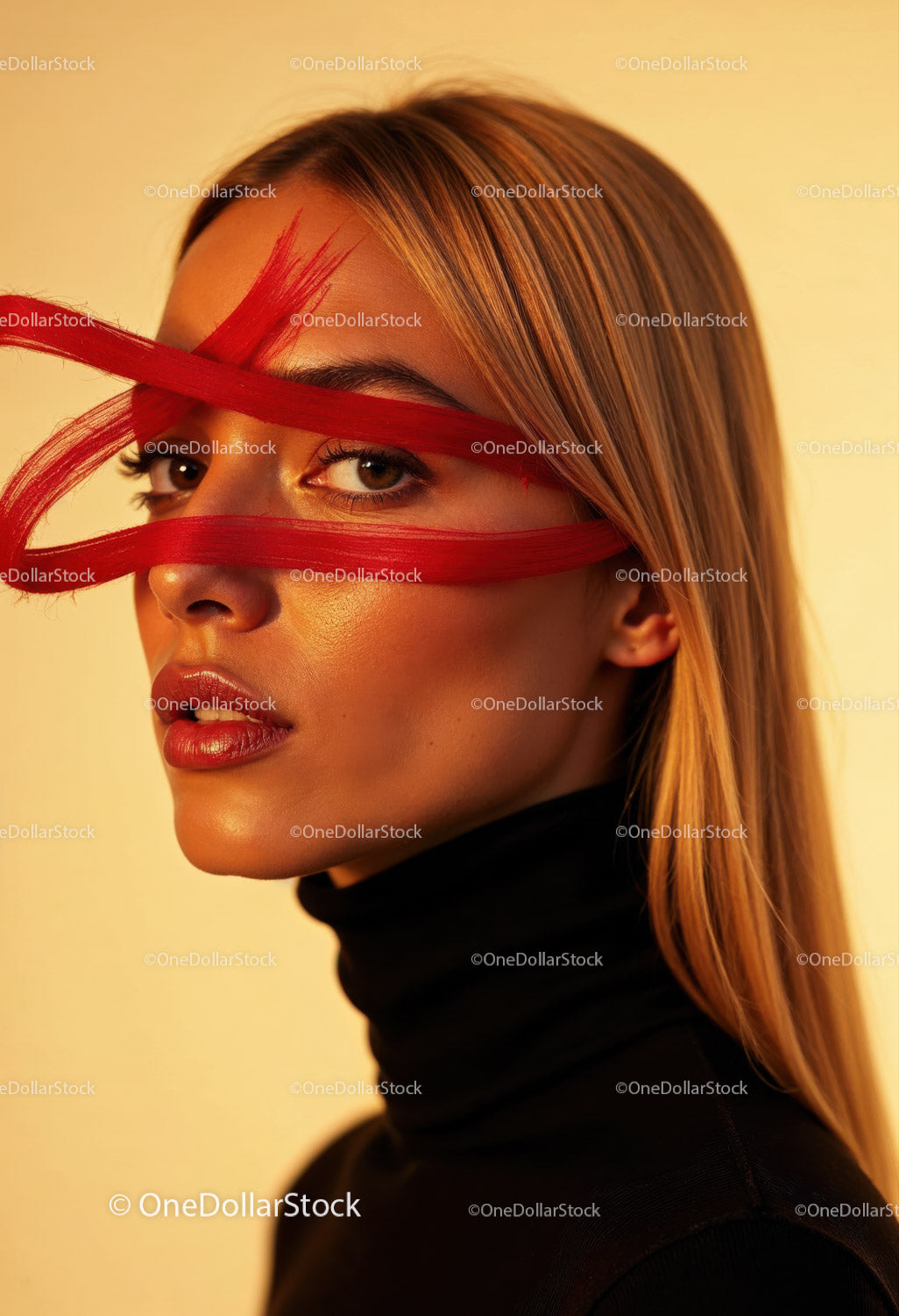 Creative Artistic Makeup Portrait with Red Face Paint and Blonde Hair