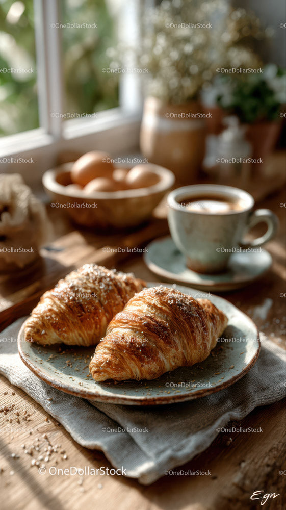 Świeże croissanty i kawa w przytulnej rustykalnej kuchni