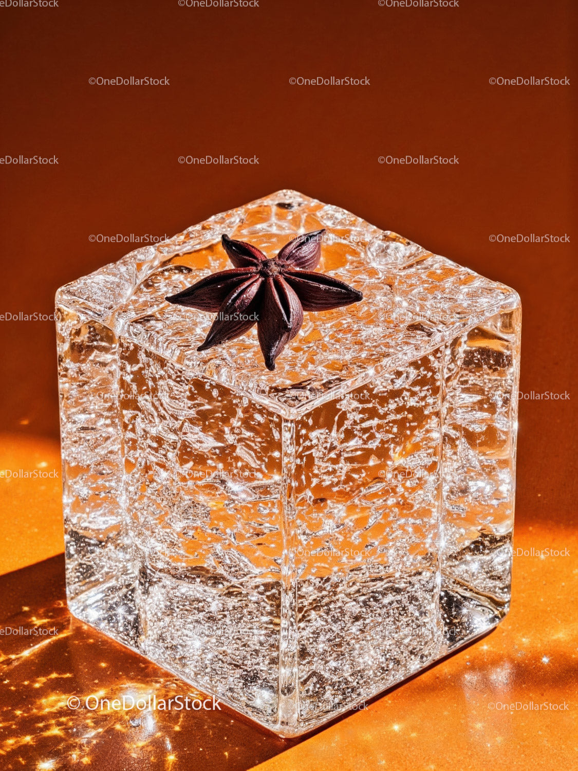 Close up of crystal clear ice cube with star anise