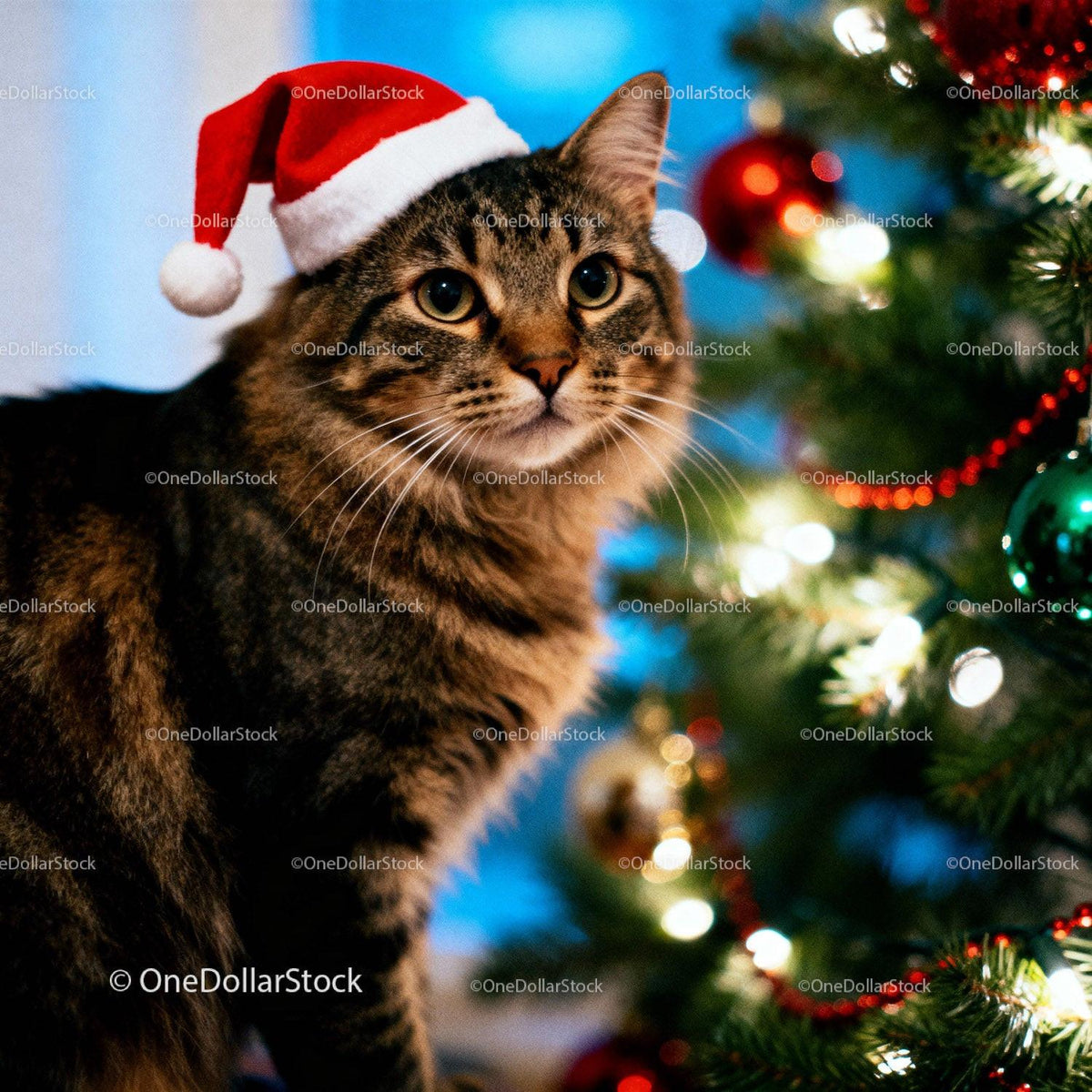 Tabby cat wearing Santa hat by decorated Christmas tree