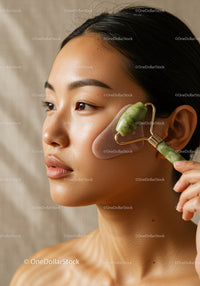 Beautiful woman performing facial massage with jade roller for skincare