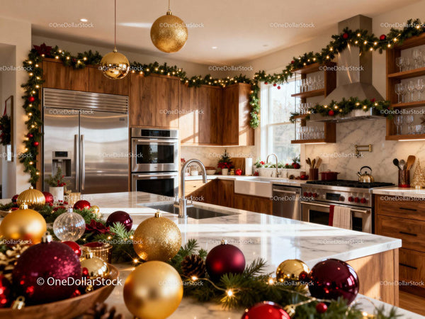 Modern kitchen decorated with elegant Christmas garlands