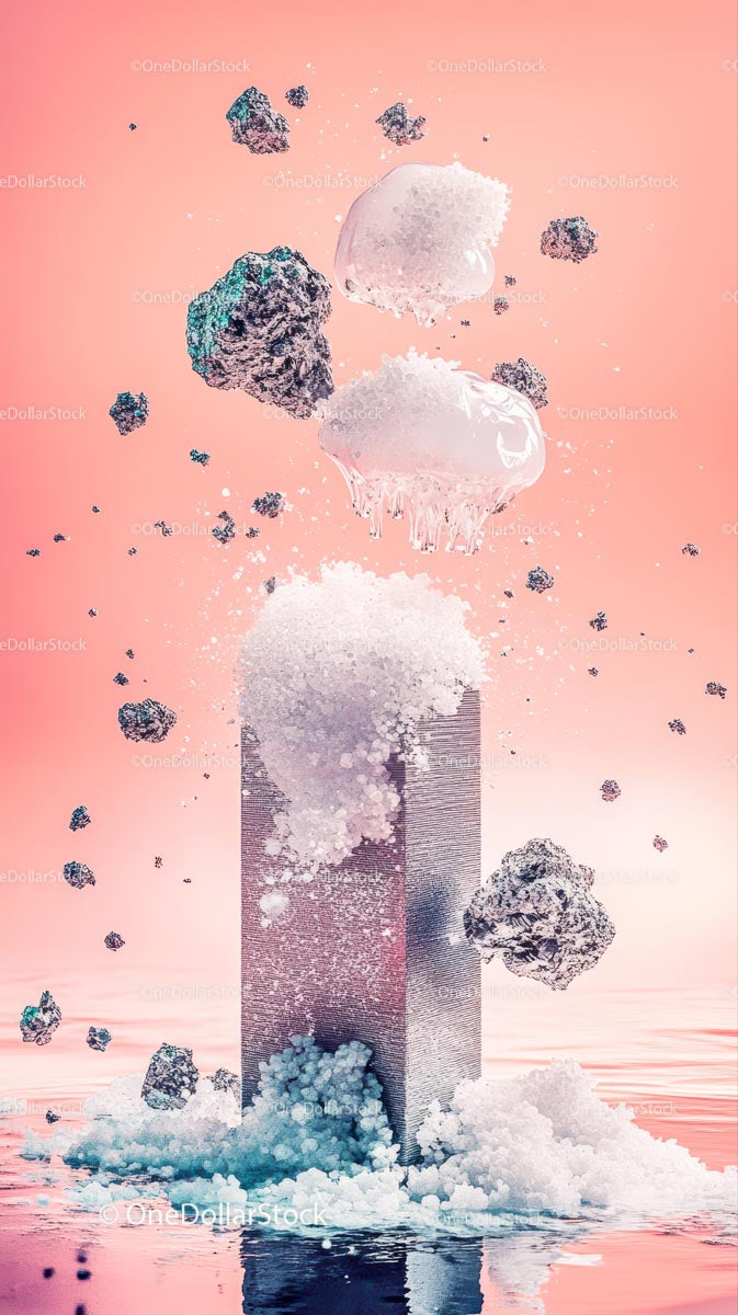 Abstract Ice and Rock Collage with Floating Debris on Pink Background