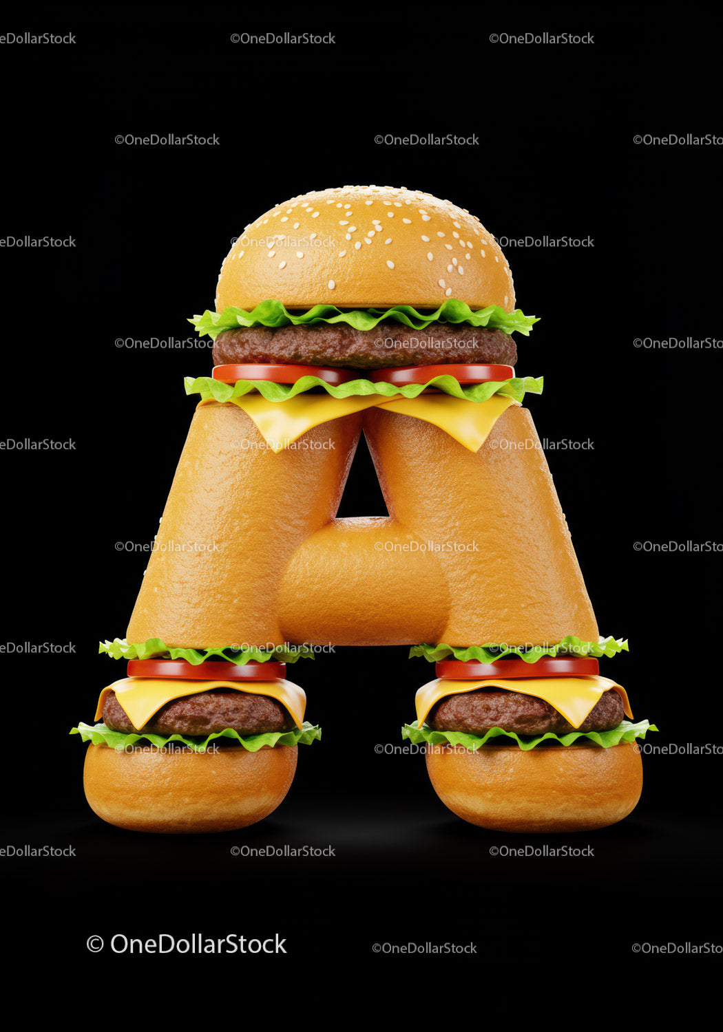 Creative letter A crafted from cheeseburgers and buns