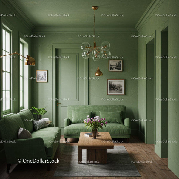 Elegant Green Living Room with Vintage Decor and Modern Lighting