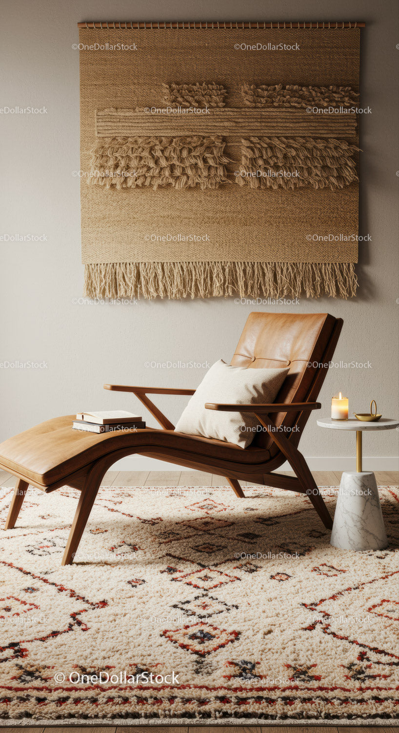 Cozy leather lounge chair with textured wall art and candle