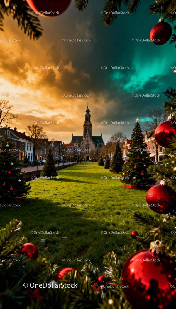 Christmas decorations in historic town square at sunset