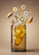 Refreshing ginger chamomile iced tea splash with ice cubes