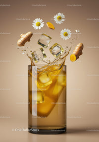 Refreshing ginger chamomile iced tea splash with ice cubes