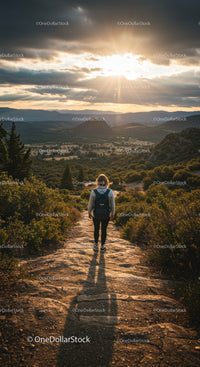 Female Hiker on Mountain Trail at Sunset with Lush Greenery View