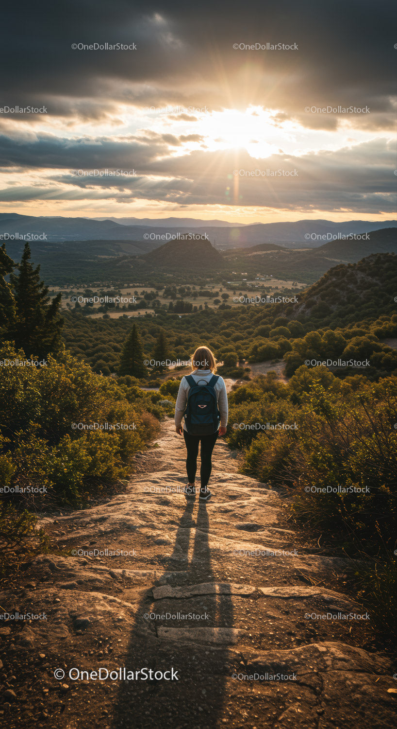 Female Hiker on Mountain Trail at Sunset with Lush Greenery View