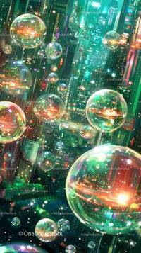 Futuristic Cityscape with Neon Lights and Reflective Bubbles