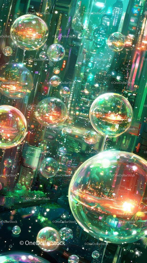 Futurystyczny krajobraz miejski z neonowymi światłami i odbijającymi się bąbelkami