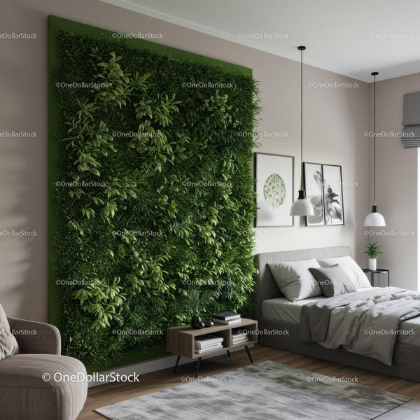 Modern Bedroom with Lush Green Plant Wall for Relaxation and Style