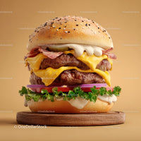 Juicy Double Beef Cheeseburger with Bacon and Fresh Vegetables