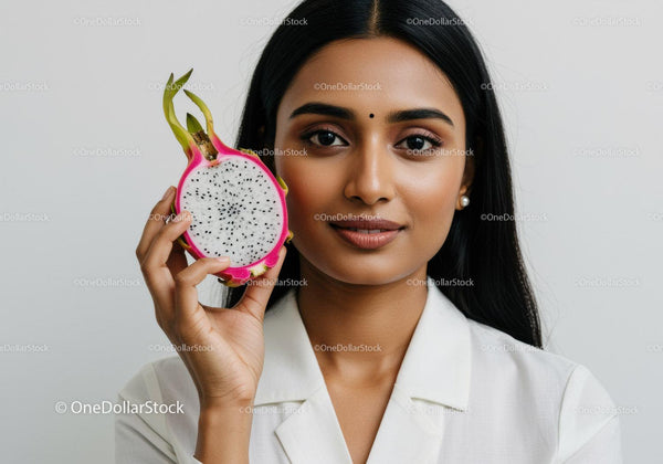 Young Woman with Exotic Dragon Fruit in a Minimalistic Studio