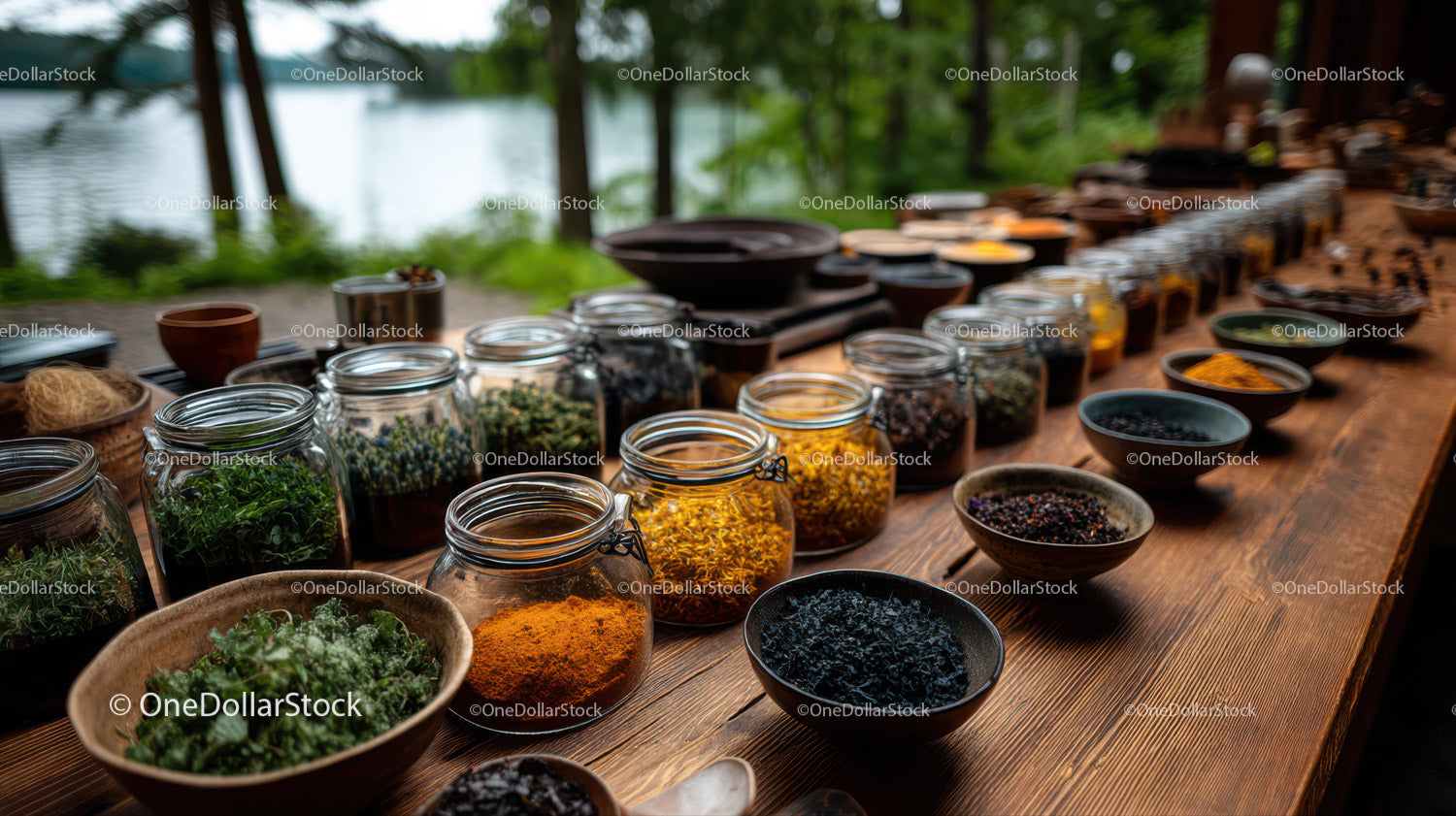 Colorful Collection of Dried Herbs and Spices on Rustic Wooden Table