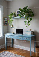Home Office with Blue Desk and Green Indoor Plants in Bright Room