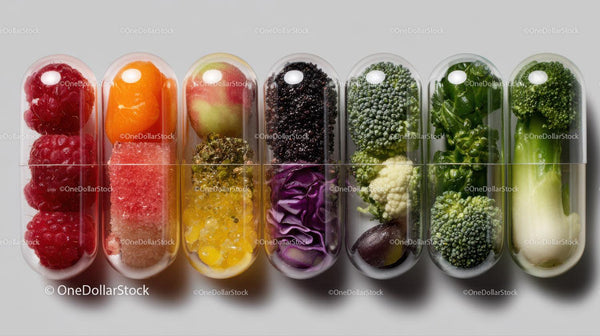 Colorful Assorted Fruits and Berries in Capsules for Dietary Supplements