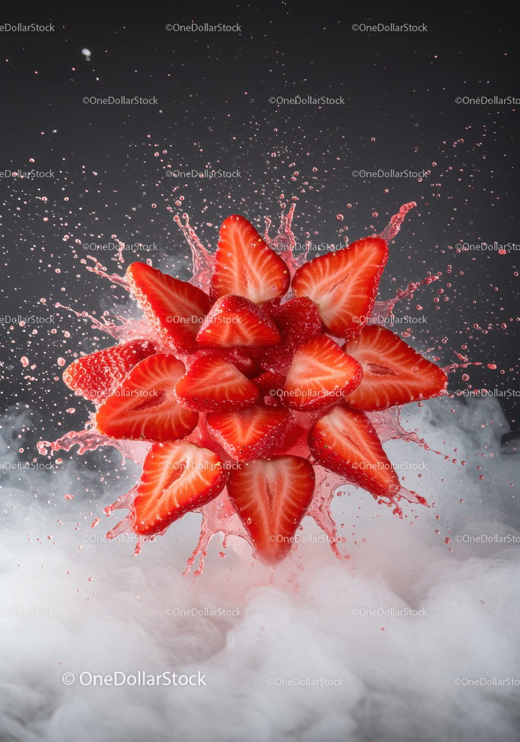 Fresh strawberry slices bursting with juice in splash