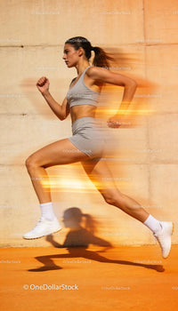 Focused woman sprinting outdoors with dynamic motion blur