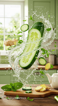 Fresh cucumber slices with ginger and mint splash