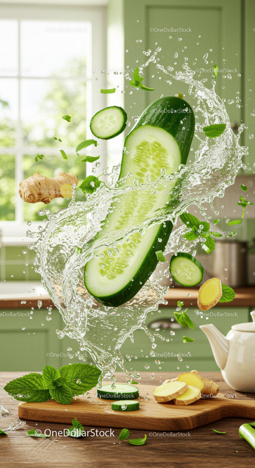 Fresh cucumber slices with ginger and mint splash