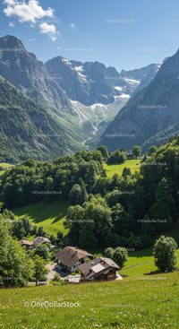 Scenic Mountain Valley with Forested Hills and Charming Houses